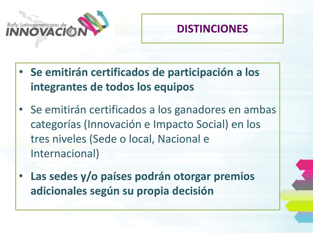 DISTINCIONES Se emitirán certificados de participación a los integrantes de todos los equipos.