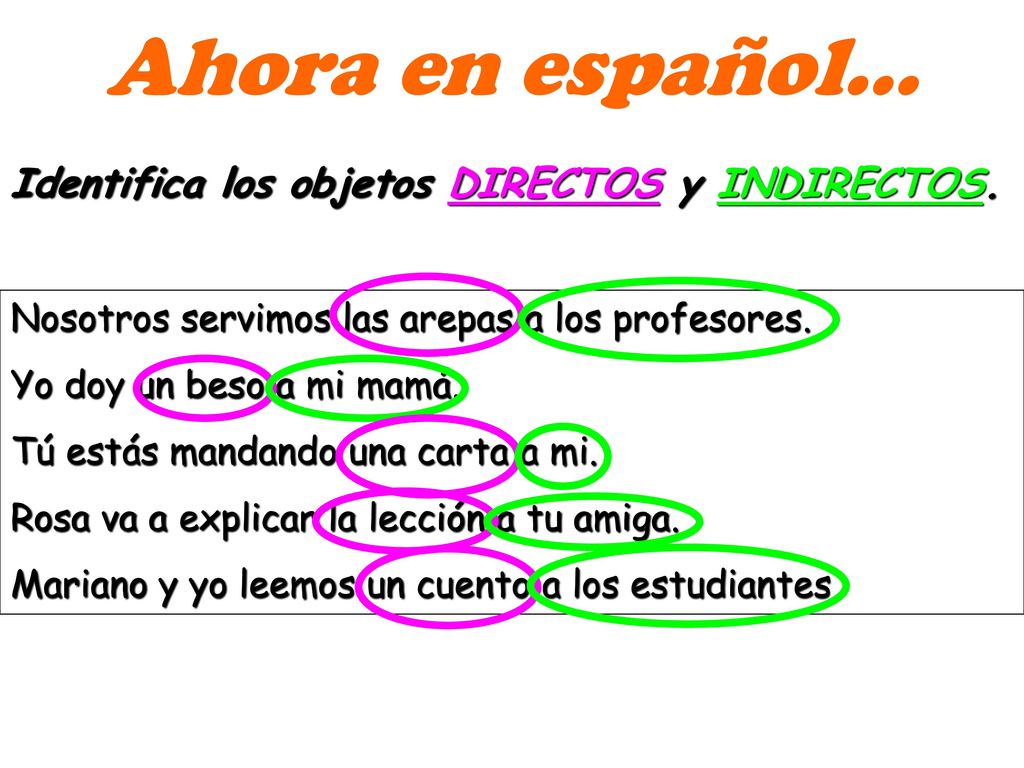Ahora en español… Identifica los objetos DIRECTOS y INDIRECTOS.