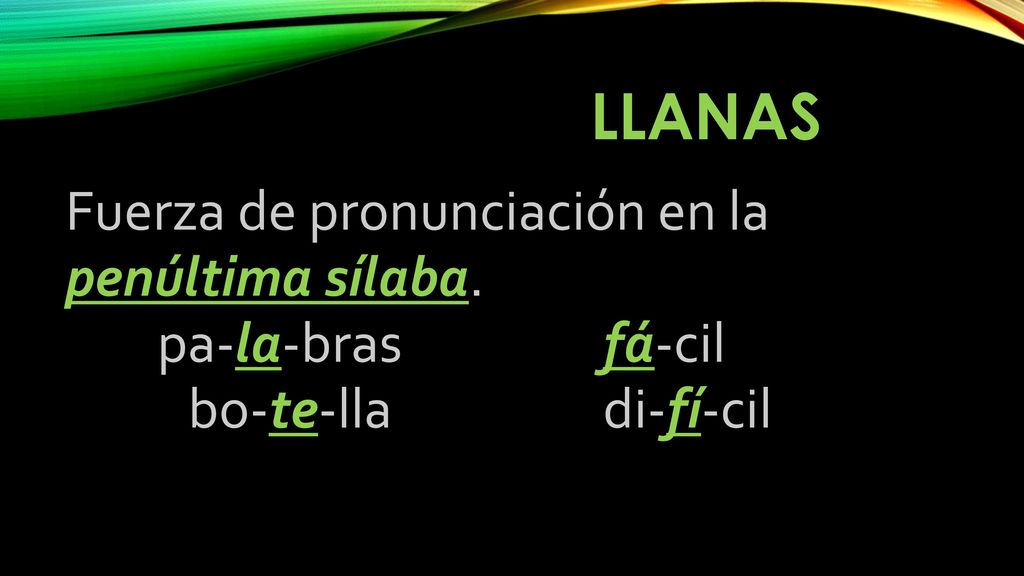 LLANAS Fuerza de pronunciación en la penúltima sílaba. pa-la-bras fá-cil bo-te-lla di-fí-cil