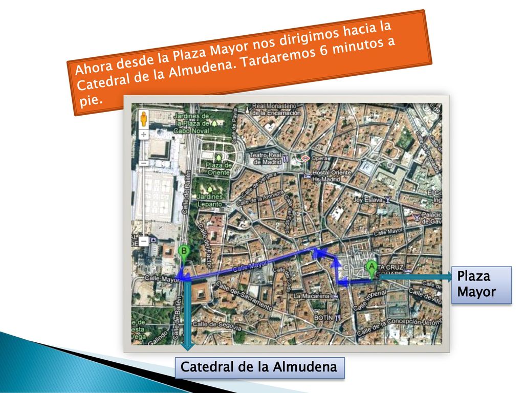 Ahora desde la Plaza Mayor nos dirigimos hacia la Catedral de la Almudena. Tardaremos 6 minutos a pie.