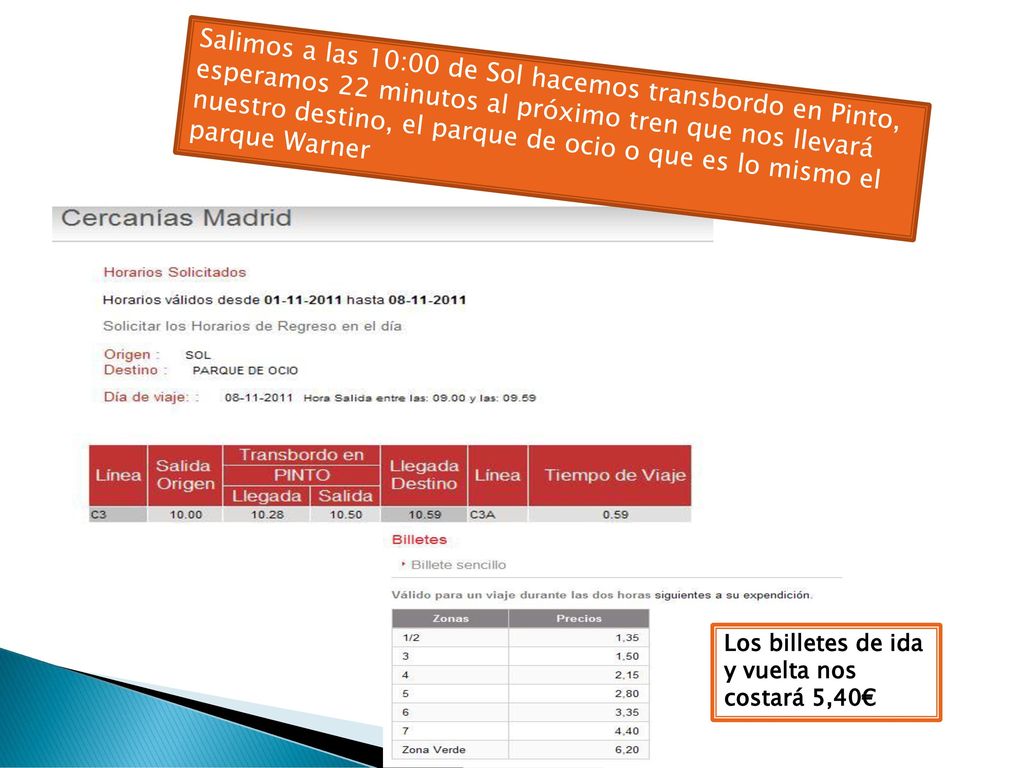 Salimos a las 10:00 de Sol hacemos transbordo en Pinto, esperamos 22 minutos al próximo tren que nos llevará nuestro destino, el parque de ocio o que es lo mismo el parque Warner