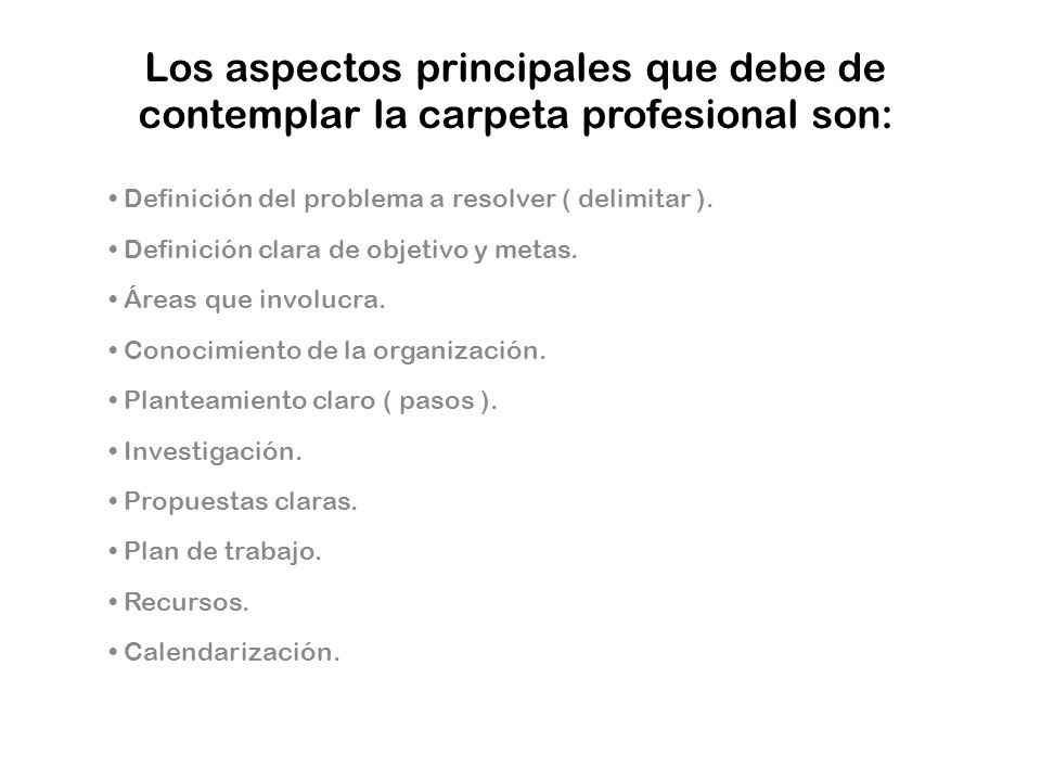 Los aspectos principales que debe de contemplar la carpeta profesional son: