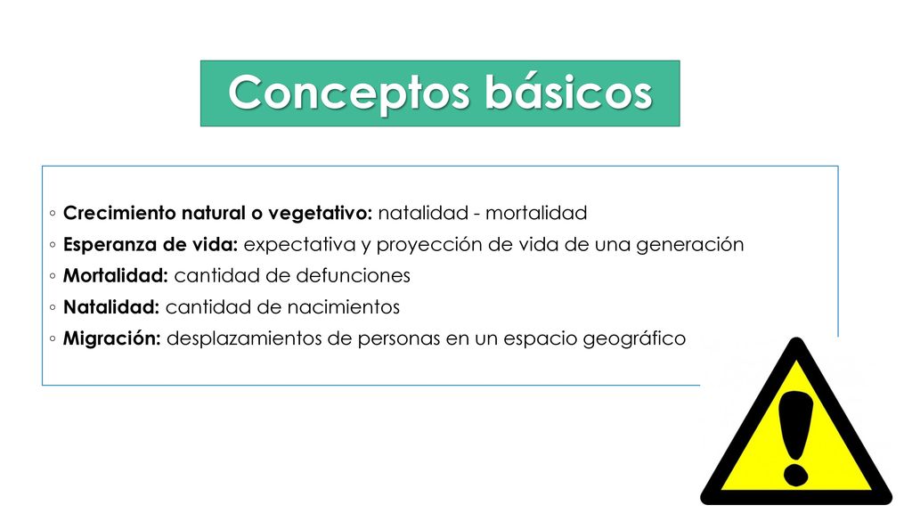 Conceptos básicos Crecimiento natural o vegetativo: natalidad - mortalidad. Esperanza de vida: expectativa y proyección de vida de una generación.