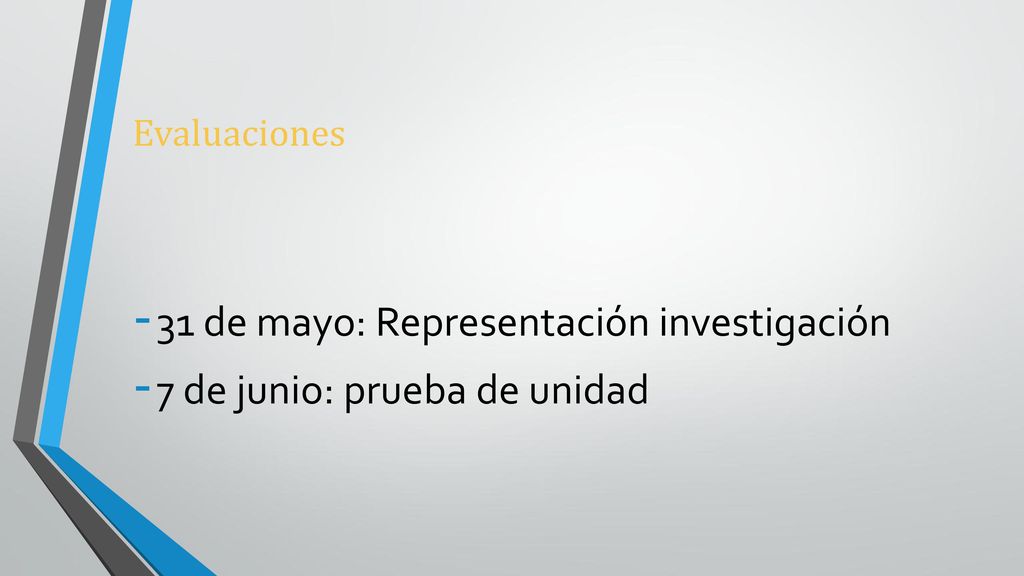 31 de mayo: Representación investigación 7 de junio: prueba de unidad
