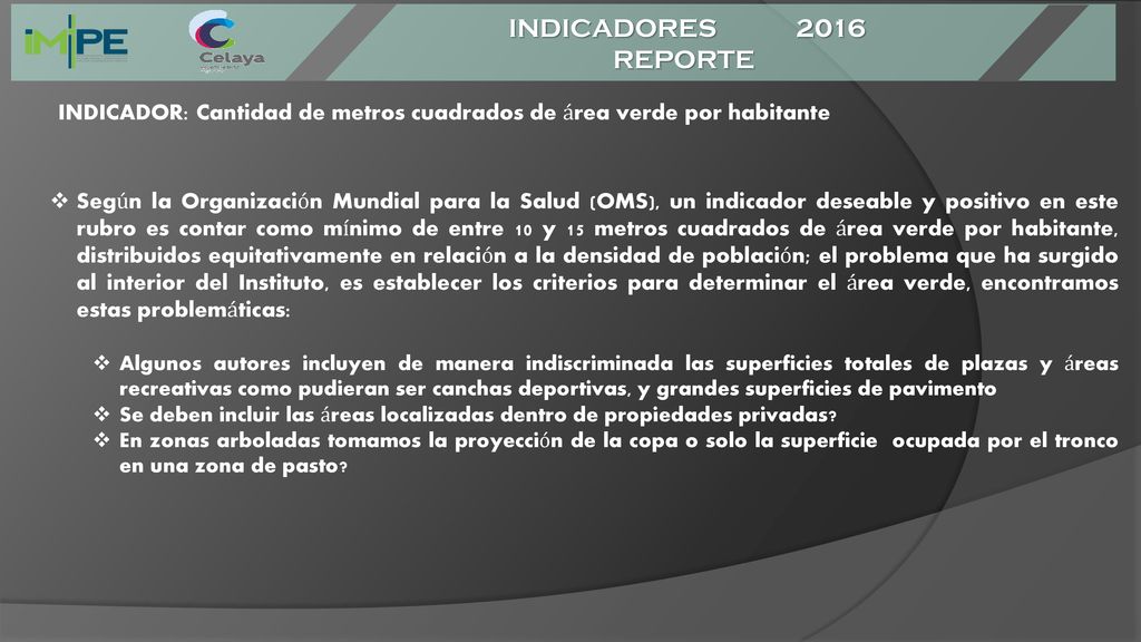 INDICADORES 2016 REPORTE. INDICADOR: Cantidad de metros cuadrados de área verde por habitante.
