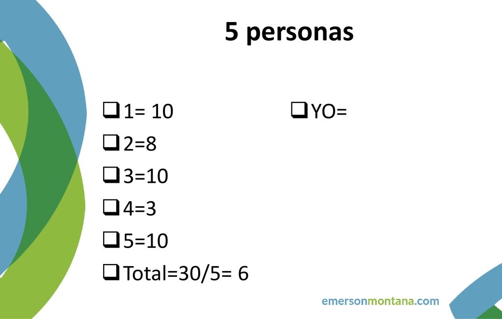 5 personas 1= 10 YO= 2=8 3=10 4=3 5=10 Total=30/5= 6