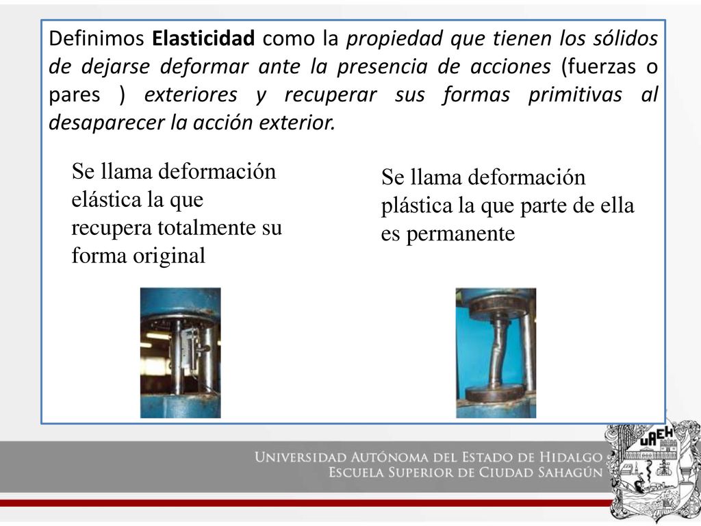 Definimos Elasticidad como la propiedad que tienen los sólidos de dejarse deformar ante la presencia de acciones (fuerzas o pares ) exteriores y recuperar sus formas primitivas al desaparecer la acción exterior.