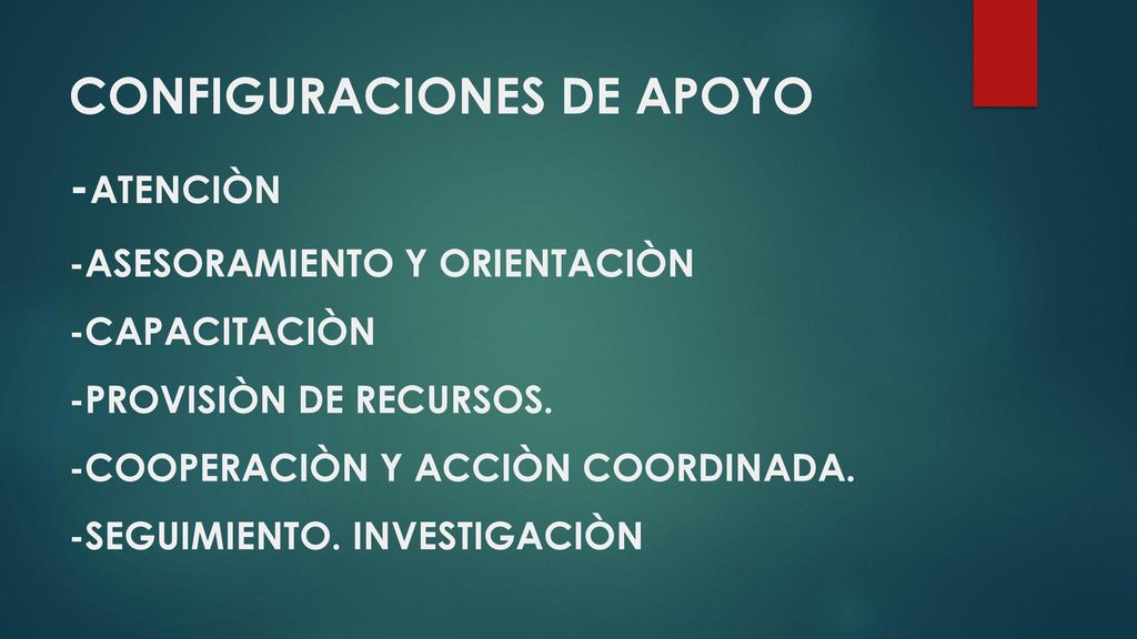 CONFIGURACIONES DE APOYO -ATENCIÒN -ASESORAMIENTO Y ORIENTACIÒN -CAPACITACIÒN -PROVISIÒN DE RECURSOS.