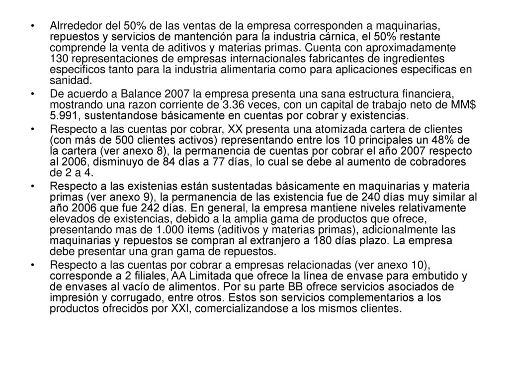 Alrrededor del 50% de las ventas de la empresa corresponden a maquinarias, repuestos y servicios de mantención para la industria cárnica, el 50% restante comprende la venta de aditivos y materias primas. Cuenta con aproximadamente 130 representaciones de empresas internacionales fabricantes de ingredientes especificos tanto para la industria alimentaria como para aplicaciones especificas en sanidad.