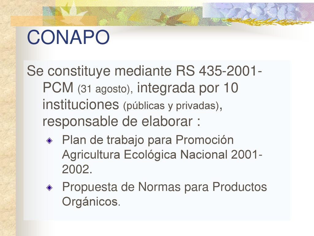 CONAPO Se constituye mediante RS PCM (31 agosto), integrada por 10 instituciones (públicas y privadas), responsable de elaborar :