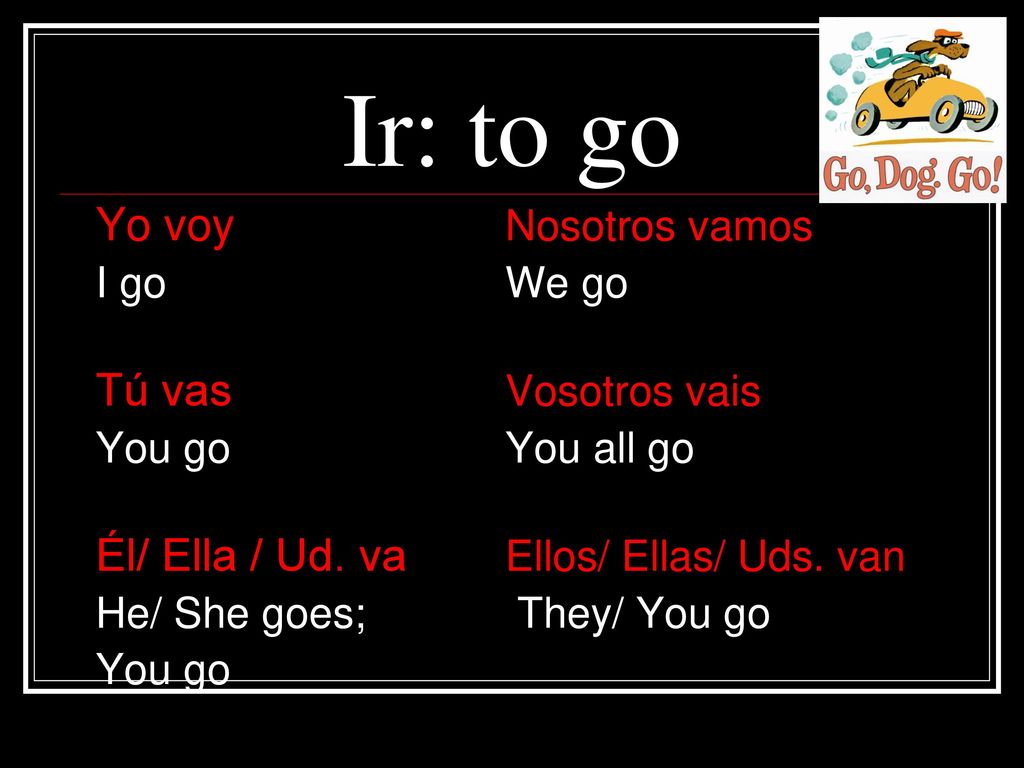 Ir: to go Yo voy Nosotros vamos Tú vas Vosotros vais