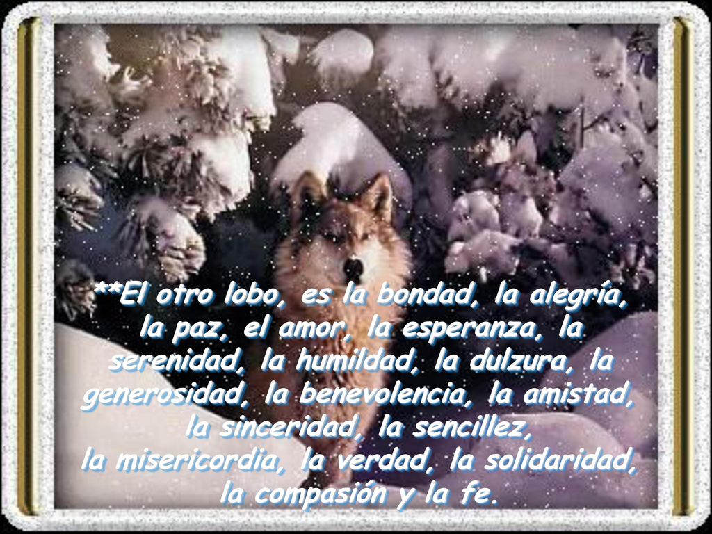 **El otro lobo, es la bondad, la alegría, la paz, el amor, la esperanza, la serenidad, la humildad, la dulzura, la generosidad, la benevolencia, la amistad, la sinceridad, la sencillez, la misericordia, la verdad, la solidaridad, la compasión y la fe.
