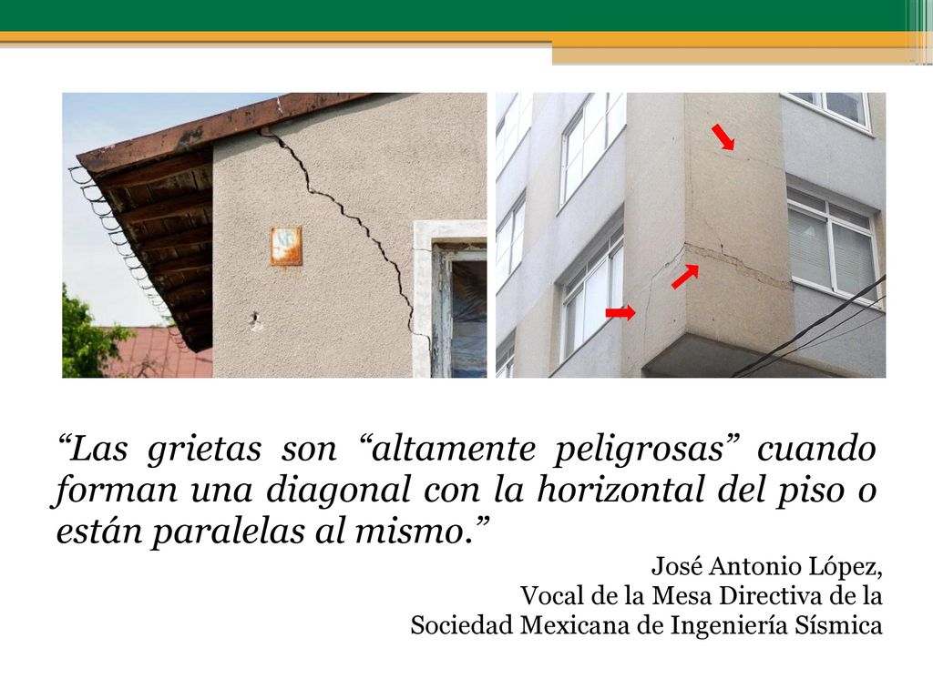 Las grietas son altamente peligrosas cuando forman una diagonal con la horizontal del piso o están paralelas al mismo.