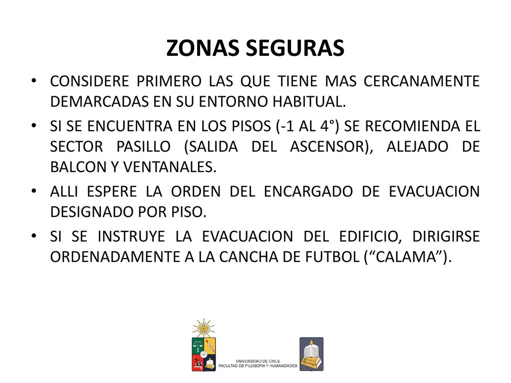ZONAS SEGURAS CONSIDERE PRIMERO LAS QUE TIENE MAS CERCANAMENTE DEMARCADAS EN SU ENTORNO HABITUAL.