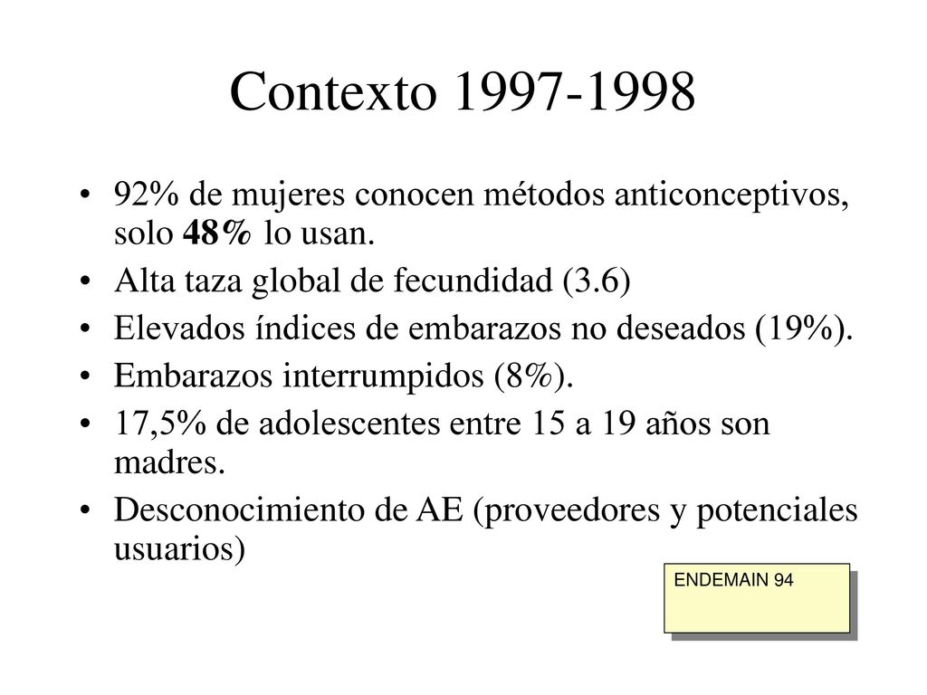 Contexto % de mujeres conocen métodos anticonceptivos, solo 48% lo usan. Alta taza global de fecundidad (3.6)