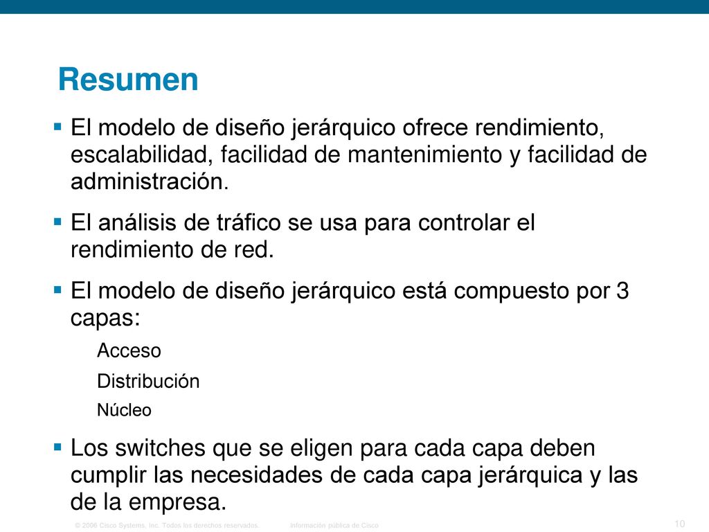 Resumen El modelo de diseño jerárquico ofrece rendimiento, escalabilidad, facilidad de mantenimiento y facilidad de administración.