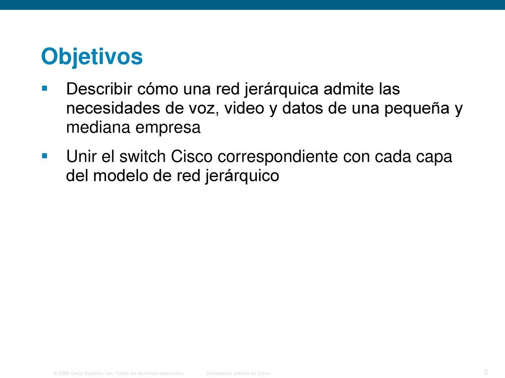 Objetivos Describir cómo una red jerárquica admite las necesidades de voz, video y datos de una pequeña y mediana empresa.