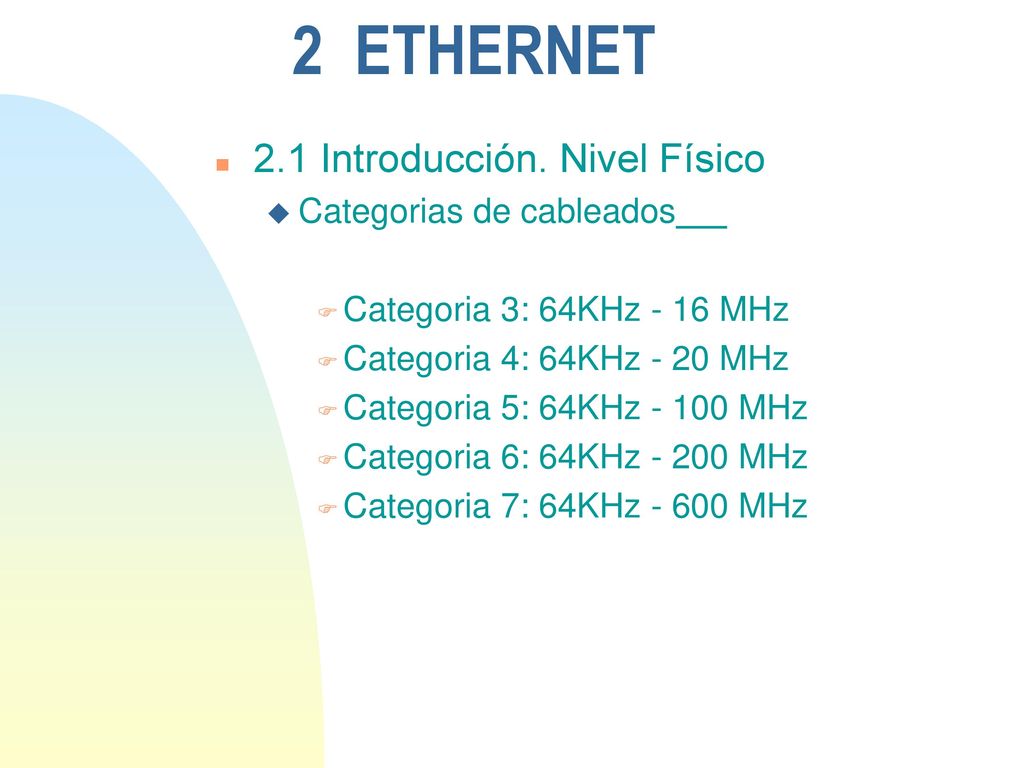 2 ETHERNET 2.1 Introducción. Nivel Físico Categorias de cableados