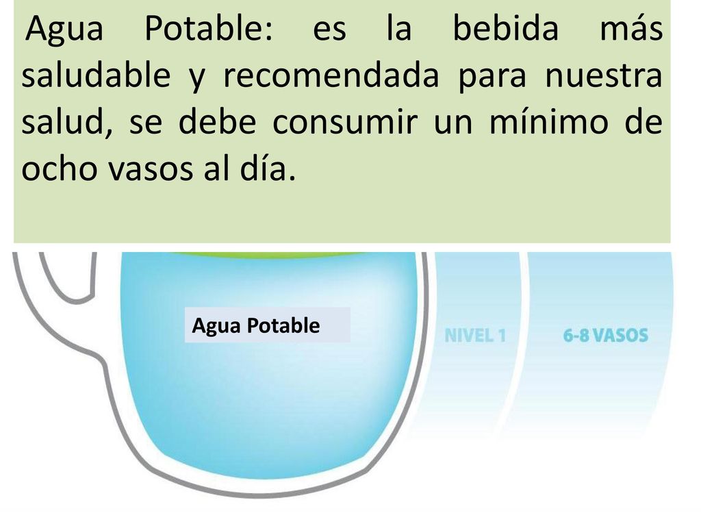 Agua Potable: es la bebida más saludable y recomendada para nuestra salud, se debe consumir un mínimo de ocho vasos al día.