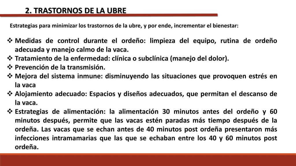 2. TRASTORNOS DE LA UBRE Estrategias para minimizar los trastornos de la ubre, y por ende, incrementar el bienestar: