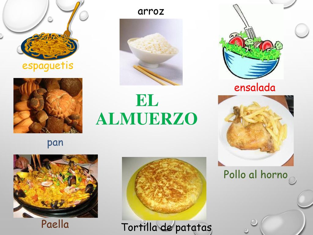 El Almuerzo arroz espaguetis ensalada pan Pollo al horno Paella