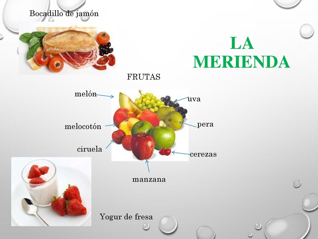LA MERIENDA Bocadillo de jamón FRUTAS melón uva pera melocotón ciruela
