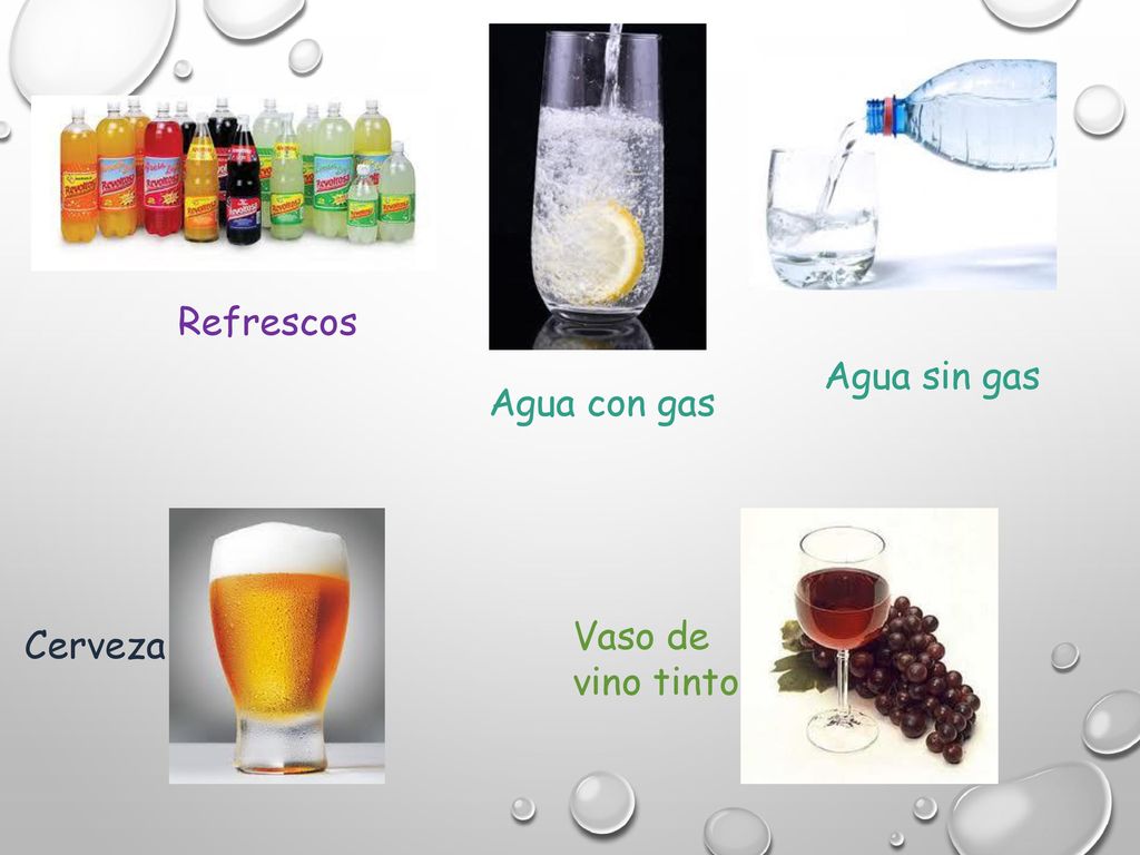 Refrescos Agua sin gas Agua con gas Vaso de vino tinto Cerveza