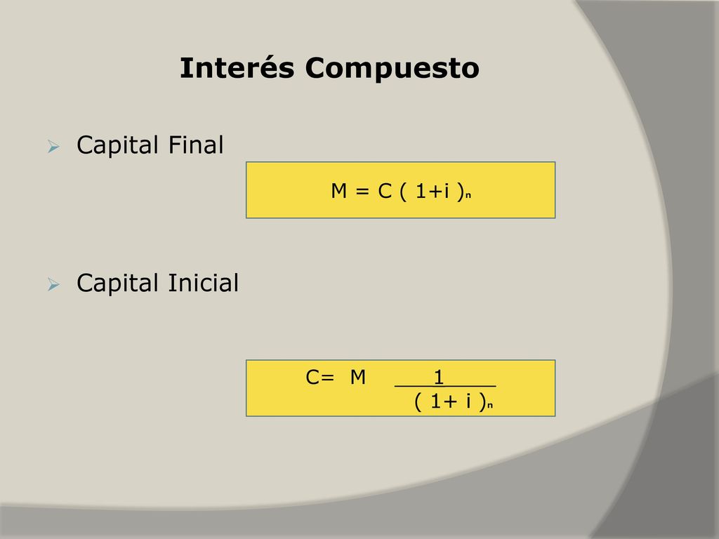 Interés Compuesto Capital Final Capital Inicial M = C ( 1+i )n