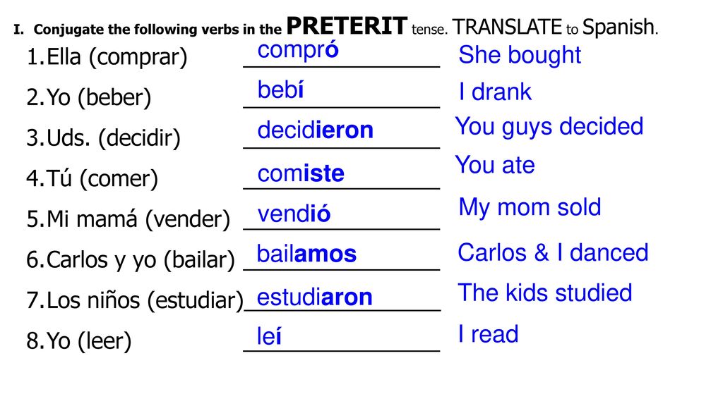 compró She bought bebí I drank You guys decided decidieron You ate