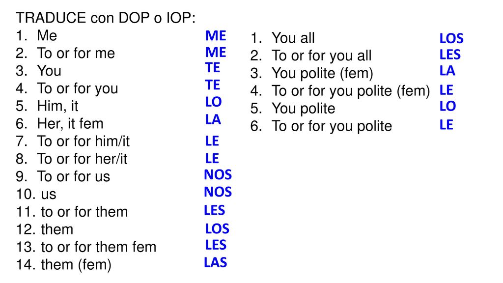 ME LOS ME LES TE LA TE LE LO LO LA LE LE LE NOS NOS LES LOS LES LAS