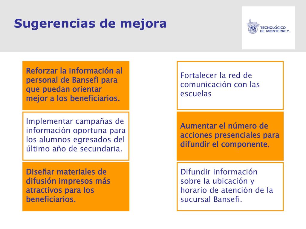 Sugerencias de mejora Reforzar la información al