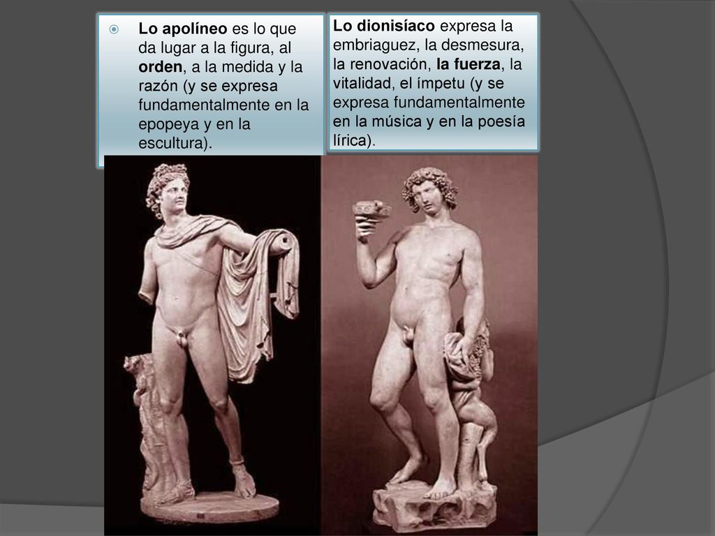 Lo apolíneo es lo que da lugar a la figura, al orden, a la medida y la razón (y se expresa fundamentalmente en la epopeya y en la escultura).