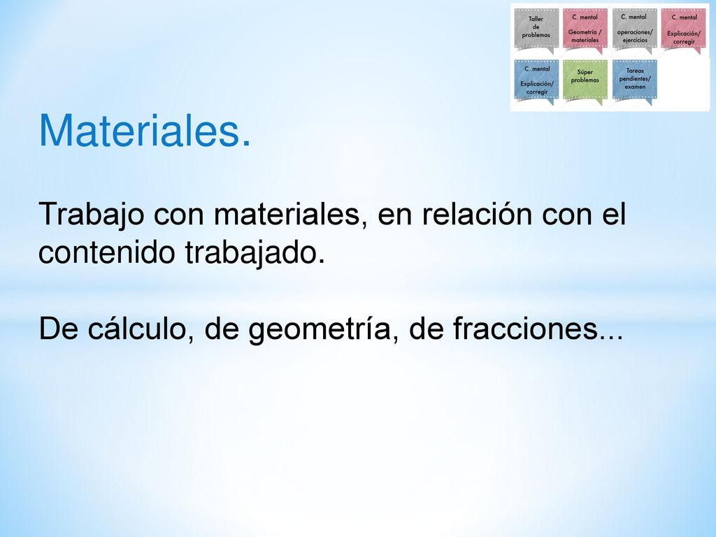 Materiales. Trabajo con materiales, en relación con el contenido trabajado.
