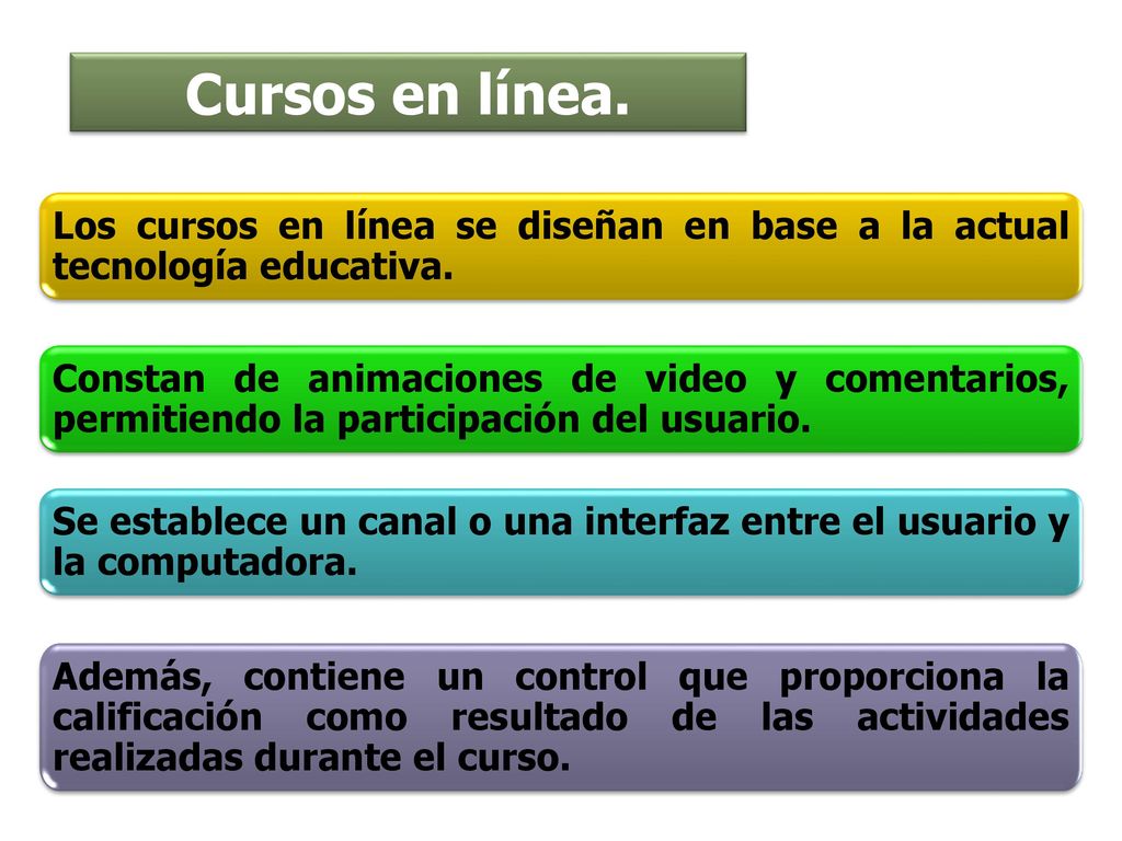 Cursos en línea. Los cursos en línea se diseñan en base a la actual tecnología educativa.