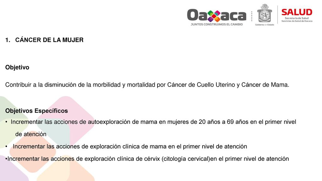 1. CÁNCER DE LA MUJER Objetivo. Contribuir a la disminución de la morbilidad y mortalidad por Cáncer de Cuello Uterino y Cáncer de Mama.