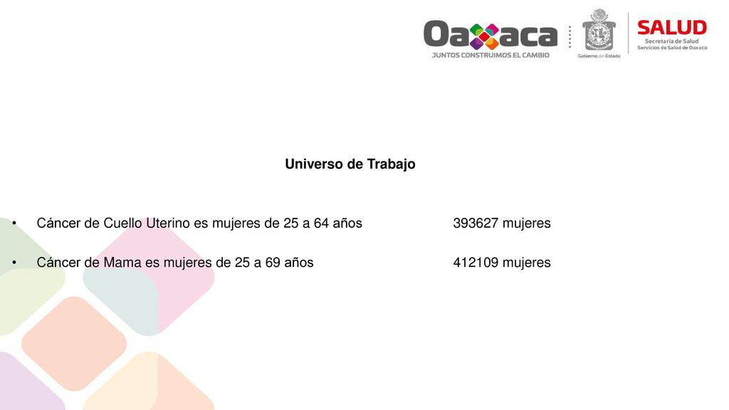 Universo de Trabajo Cáncer de Cuello Uterino es mujeres de 25 a 64 años mujeres.