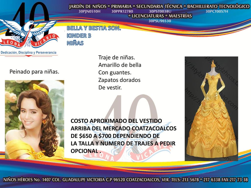 BELLA Y BESTIA SON. KINDER 3. NIÑAS. Traje de niñas. Amarillo de bella. Con guantes. Zapatos dorados.