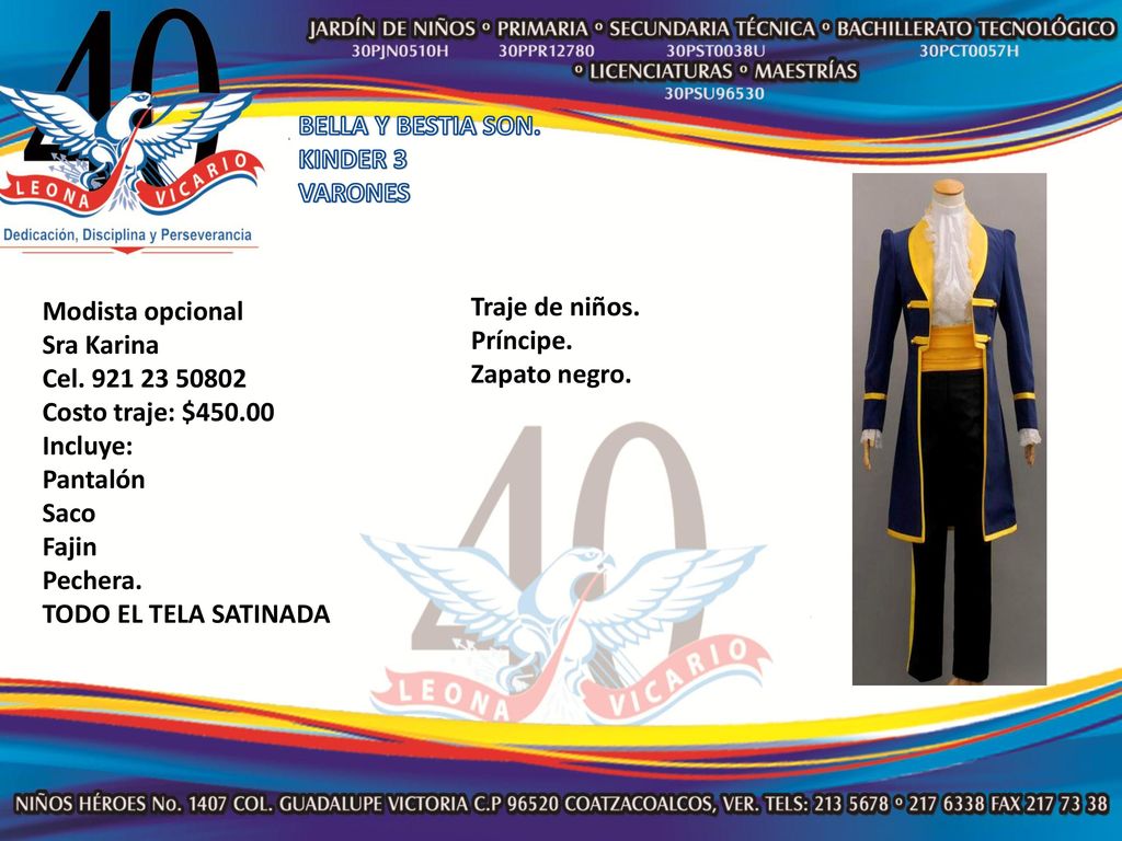 BELLA Y BESTIA SON. KINDER 3. VARONES. Modista opcional. Sra Karina. Cel Costo traje: $