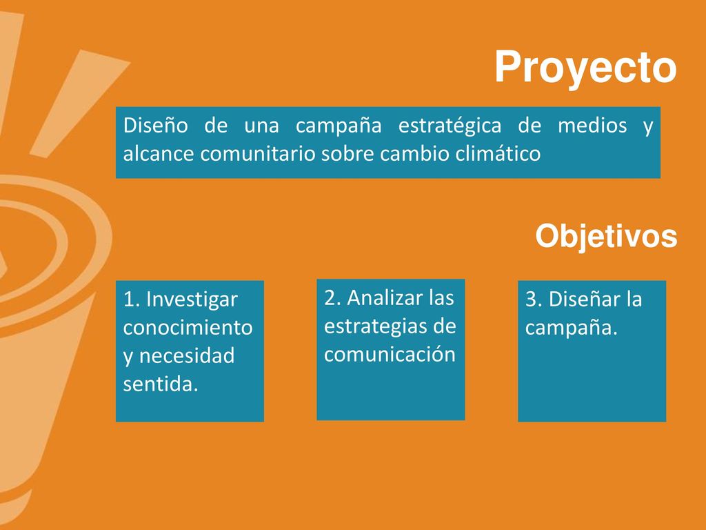 Proyecto Diseño de una campaña estratégica de medios y alcance comunitario sobre cambio climático. Objetivos.
