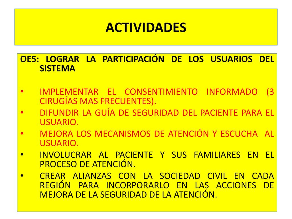 ACTIVIDADES OE5: LOGRAR LA PARTICIPACIÓN DE LOS USUARIOS DEL SISTEMA