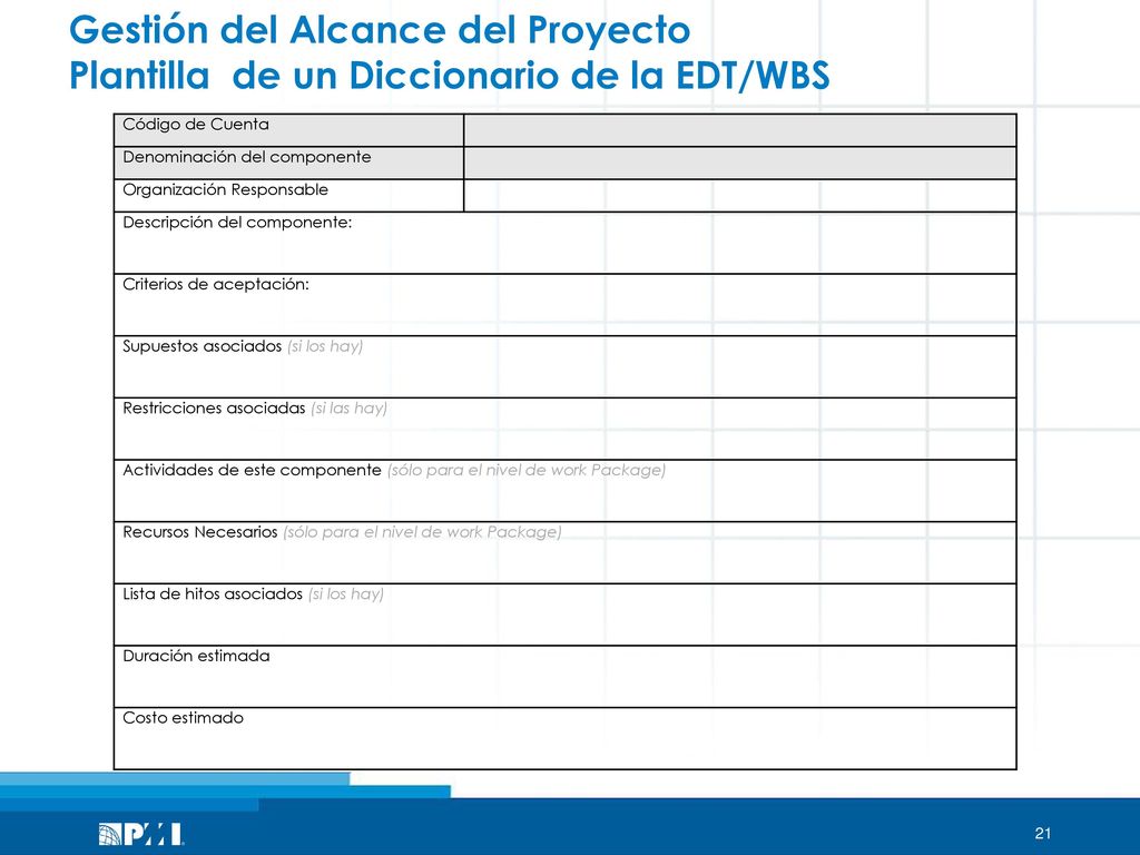 Gestión del Alcance del Proyecto Plantilla de un Diccionario de la EDT/WBS