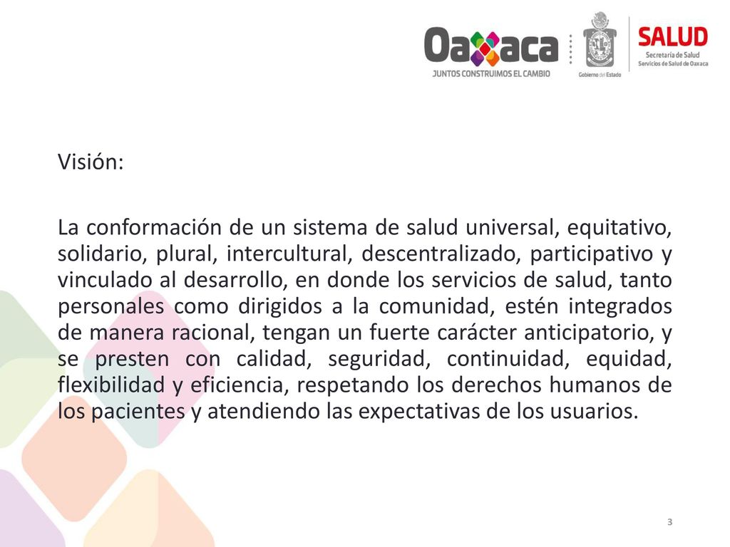 Visión: La conformación de un sistema de salud universal, equitativo, solidario, plural, intercultural, descentralizado, participativo y vinculado al desarrollo, en donde los servicios de salud, tanto personales como dirigidos a la comunidad, estén integrados de manera racional, tengan un fuerte carácter anticipatorio, y se presten con calidad, seguridad, continuidad, equidad, flexibilidad y eficiencia, respetando los derechos humanos de los pacientes y atendiendo las expectativas de los usuarios.