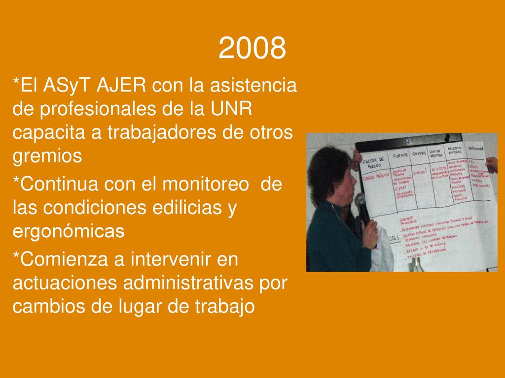 2008 *El ASyT AJER con la asistencia de profesionales de la UNR capacita a trabajadores de otros gremios.