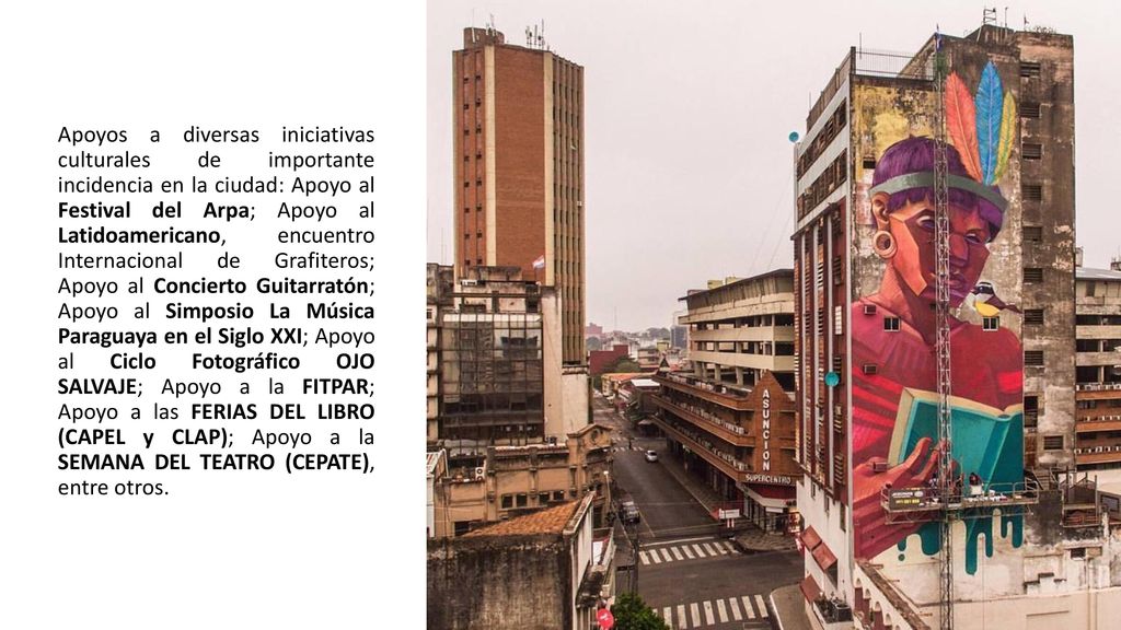 Apoyos a diversas iniciativas culturales de importante incidencia en la ciudad: Apoyo al Festival del Arpa; Apoyo al Latidoamericano, encuentro Internacional de Grafiteros; Apoyo al Concierto Guitarratón; Apoyo al Simposio La Música Paraguaya en el Siglo XXI; Apoyo al Ciclo Fotográfico OJO SALVAJE; Apoyo a la FITPAR; Apoyo a las FERIAS DEL LIBRO (CAPEL y CLAP); Apoyo a la SEMANA DEL TEATRO (CEPATE), entre otros.