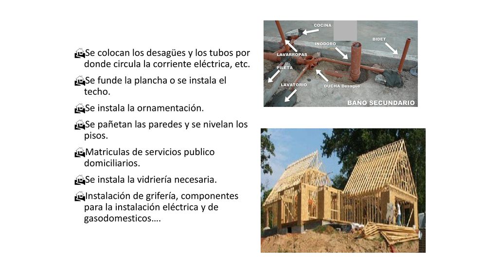 Se colocan los desagües y los tubos por donde circula la corriente eléctrica, etc.