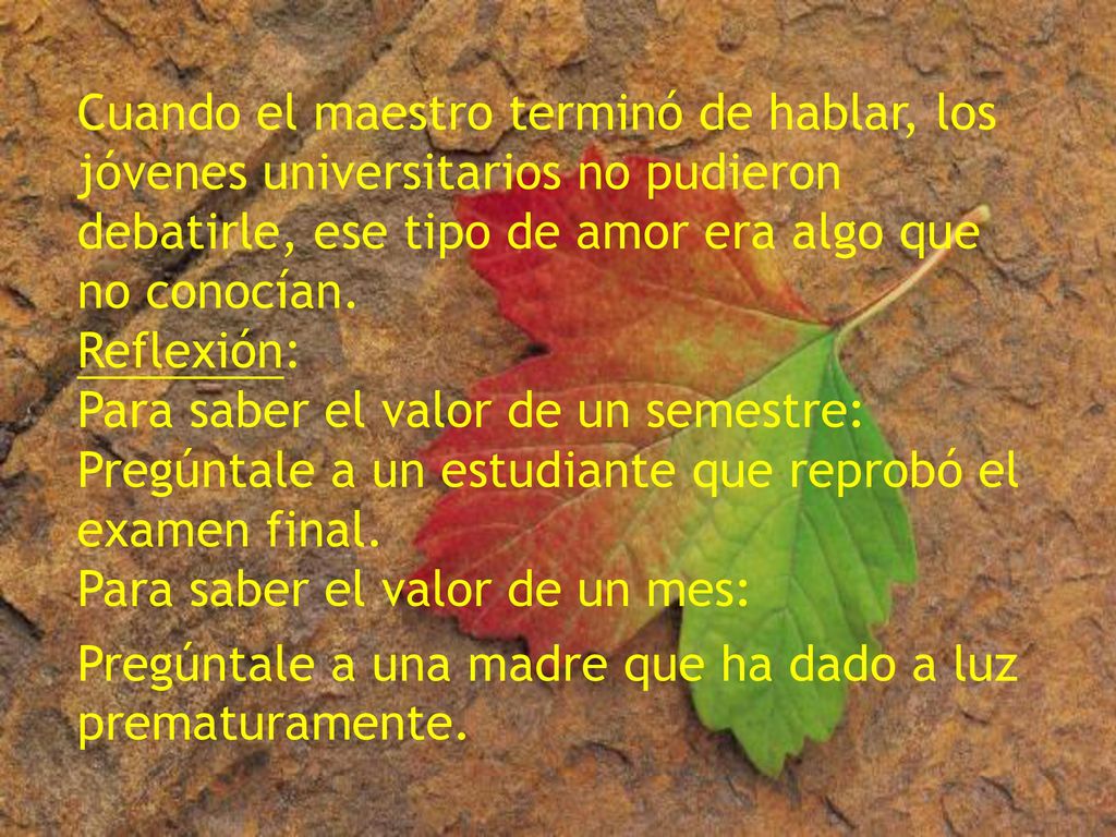 Cuando el maestro terminó de hablar, los jóvenes universitarios no pudieron debatirle, ese tipo de amor era algo que no conocían. Reflexión: Para saber el valor de un semestre: Pregúntale a un estudiante que reprobó el examen final. Para saber el valor de un mes: