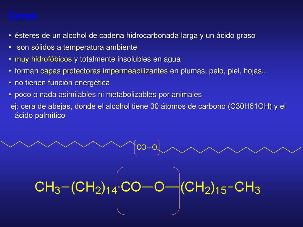 Ceras • ésteres de un alcohol de cadena hidrocarbonada larga y un ácido graso. son sólidos a temperatura ambiente.