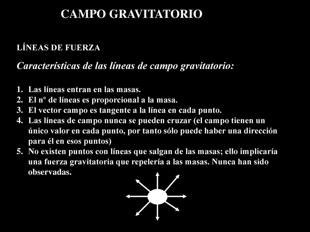 CAMPO GRAVITATORIO LÍNEAS DE FUERZA. Características de las líneas de campo gravitatorio: Las líneas entran en las masas.