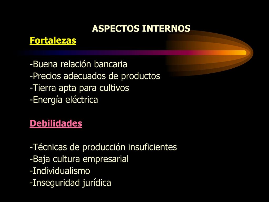 ASPECTOS INTERNOS Fortalezas. -Buena relación bancaria. -Precios adecuados de productos. -Tierra apta para cultivos.