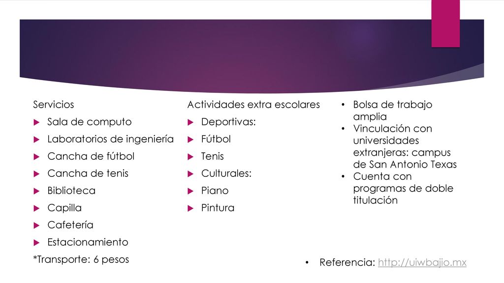 Servicios Sala de computo. Laboratorios de ingeniería. Cancha de fútbol. Cancha de tenis. Biblioteca.